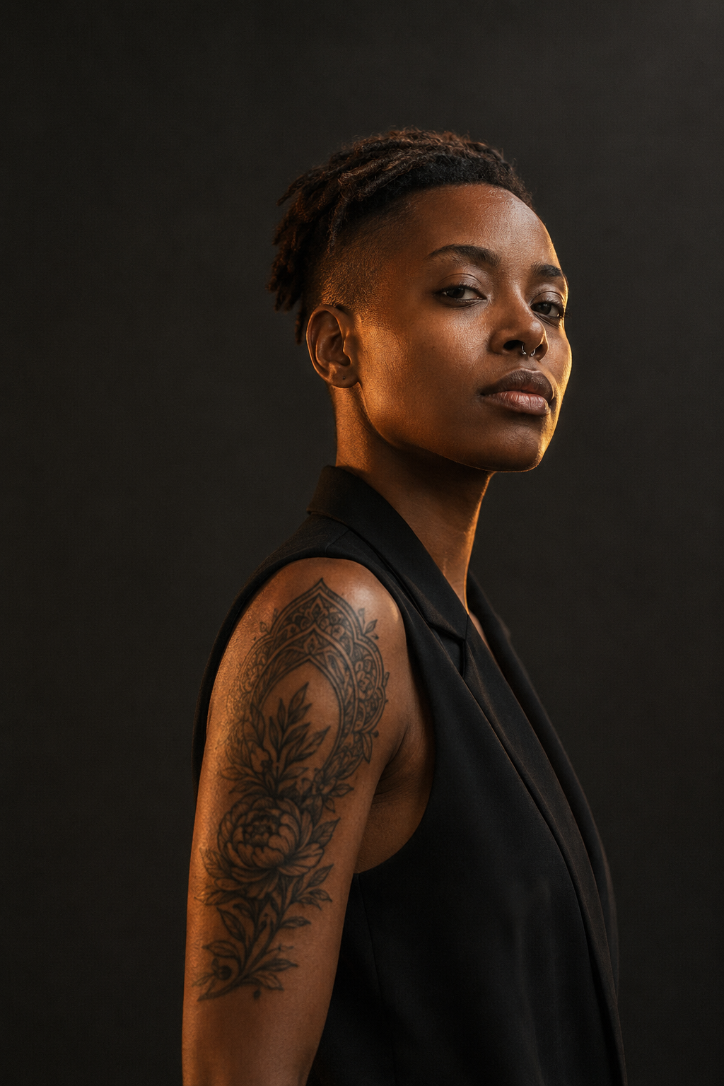 Editorial portrait of a person with tattoos